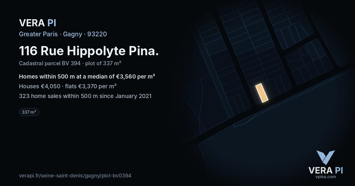 116 Rue Hippolyte Pina, Gagny at night – the plot lit, the parcels around coloured by the prices near them