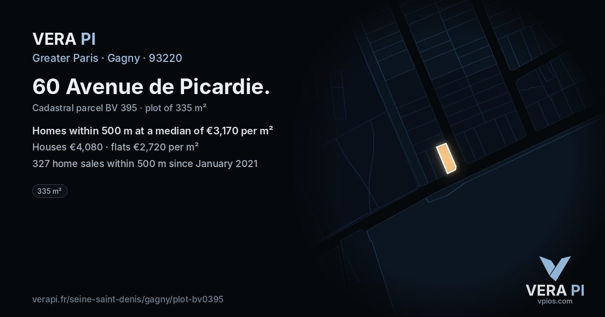 60 Avenue de Picardie, Gagny at night – the plot lit, the parcels around coloured by the prices near them