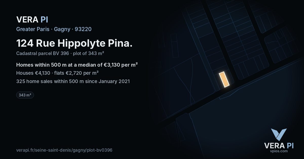 124 Rue Hippolyte Pina, Gagny at night – the plot lit, the parcels around coloured by the prices near them