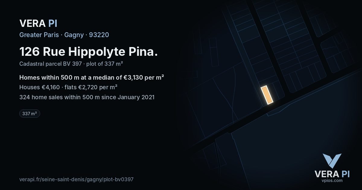 126 Rue Hippolyte Pina, Gagny at night – the plot lit, the parcels around coloured by the prices near them