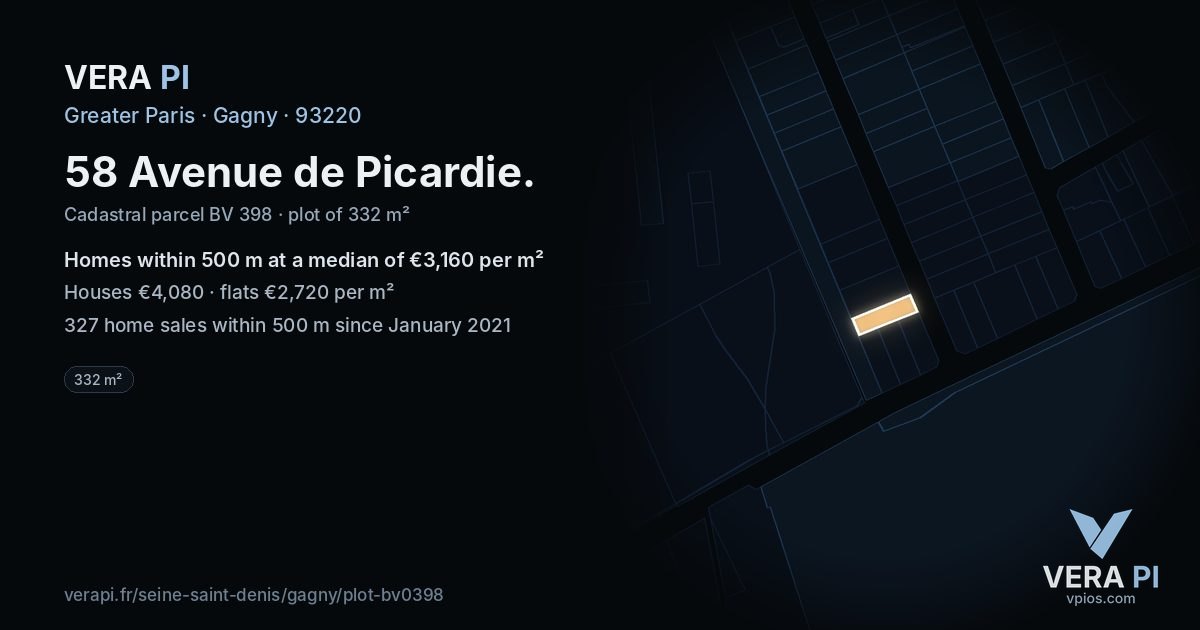 58 Avenue de Picardie, Gagny at night – the plot lit, the parcels around coloured by the prices near them