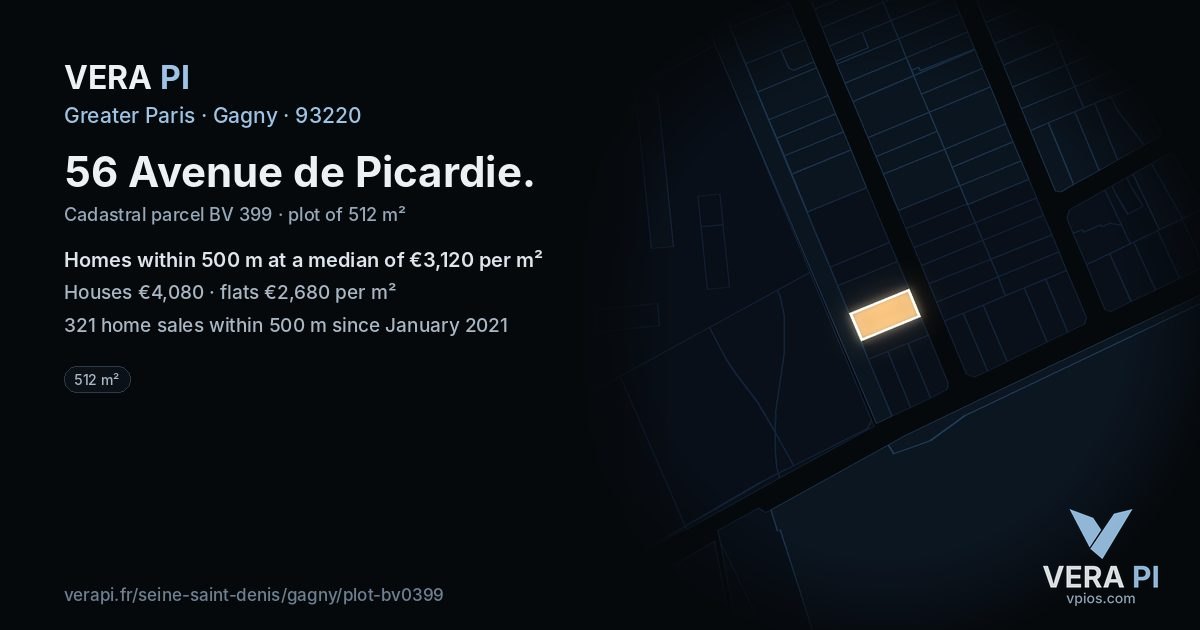 56 Avenue de Picardie, Gagny at night – the plot lit, the parcels around coloured by the prices near them