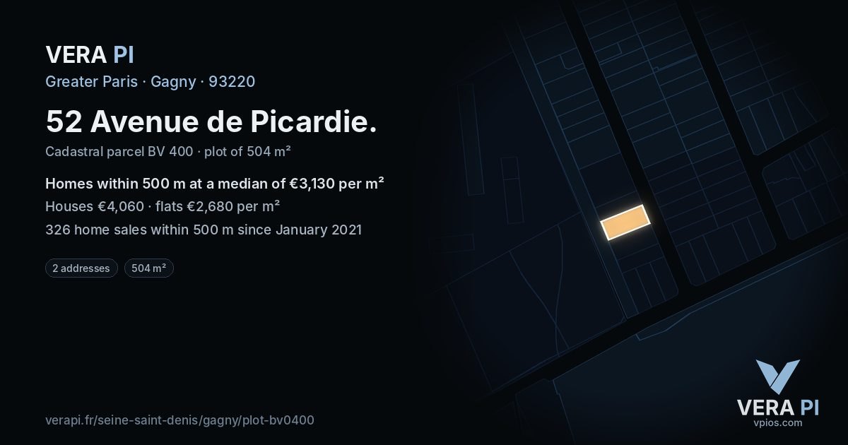 52 Avenue de Picardie, Gagny at night – the plot lit, the parcels around coloured by the prices near them