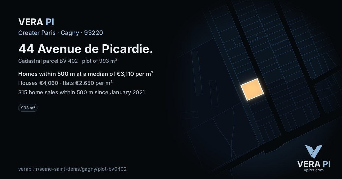 44 Avenue de Picardie, Gagny at night – the plot lit, the parcels around coloured by the prices near them