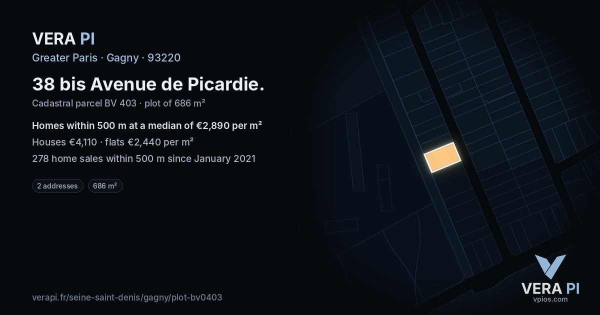 38 bis Avenue de Picardie, Gagny at night – the plot lit, the parcels around coloured by the prices near them