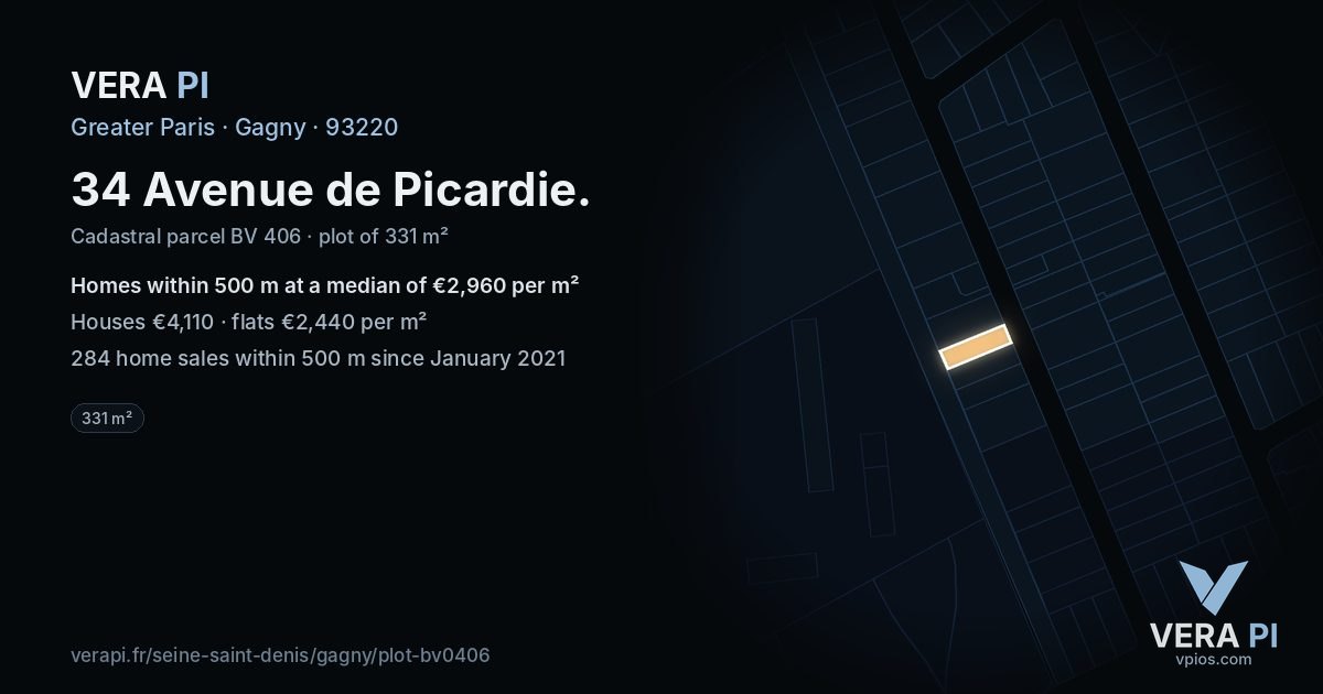 34 Avenue de Picardie, Gagny at night – the plot lit, the parcels around coloured by the prices near them