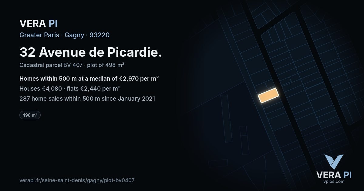32 Avenue de Picardie, Gagny at night – the plot lit, the parcels around coloured by the prices near them