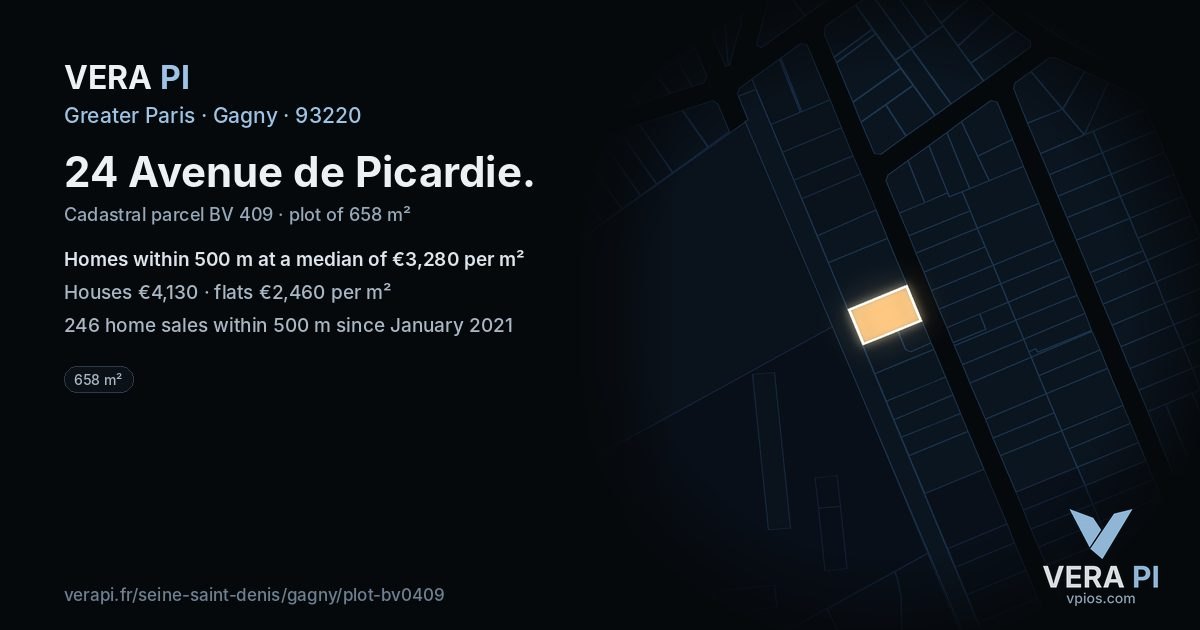 24 Avenue de Picardie, Gagny at night – the plot lit, the parcels around coloured by the prices near them