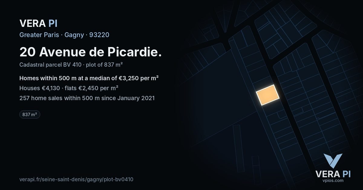 20 Avenue de Picardie, Gagny at night – the plot lit, the parcels around coloured by the prices near them