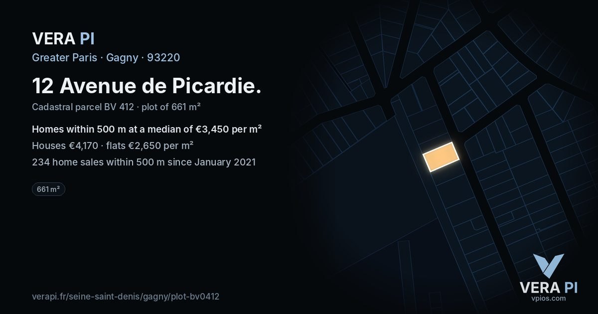 12 Avenue de Picardie, Gagny at night – the plot lit, the parcels around coloured by the prices near them
