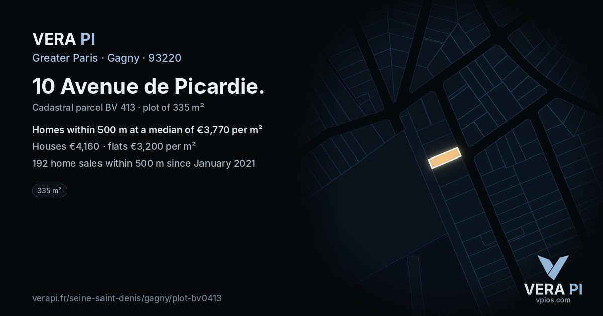 10 Avenue de Picardie, Gagny at night – the plot lit, the parcels around coloured by the prices near them