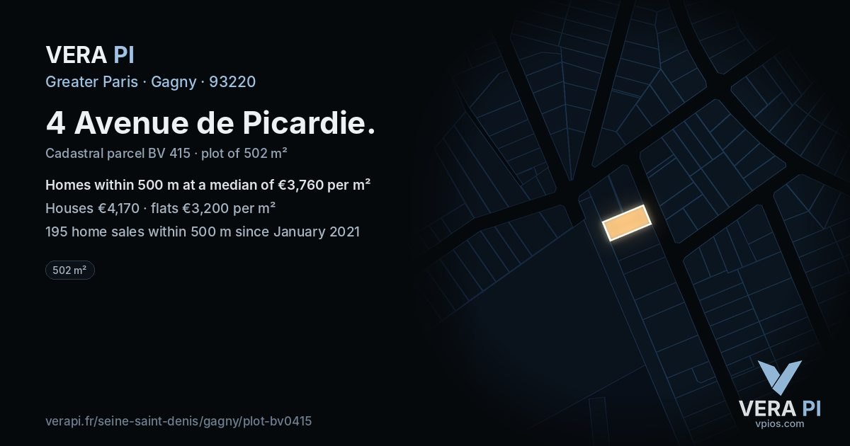 4 Avenue de Picardie, Gagny at night – the plot lit, the parcels around coloured by the prices near them