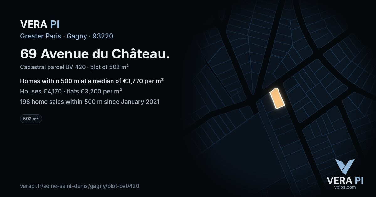 69 Avenue du Château, Gagny at night – the plot lit, the parcels around coloured by the prices near them