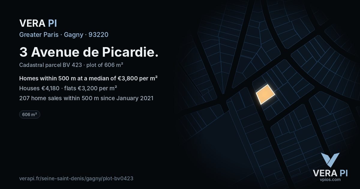 3 Avenue de Picardie, Gagny at night – the plot lit, the parcels around coloured by the prices near them