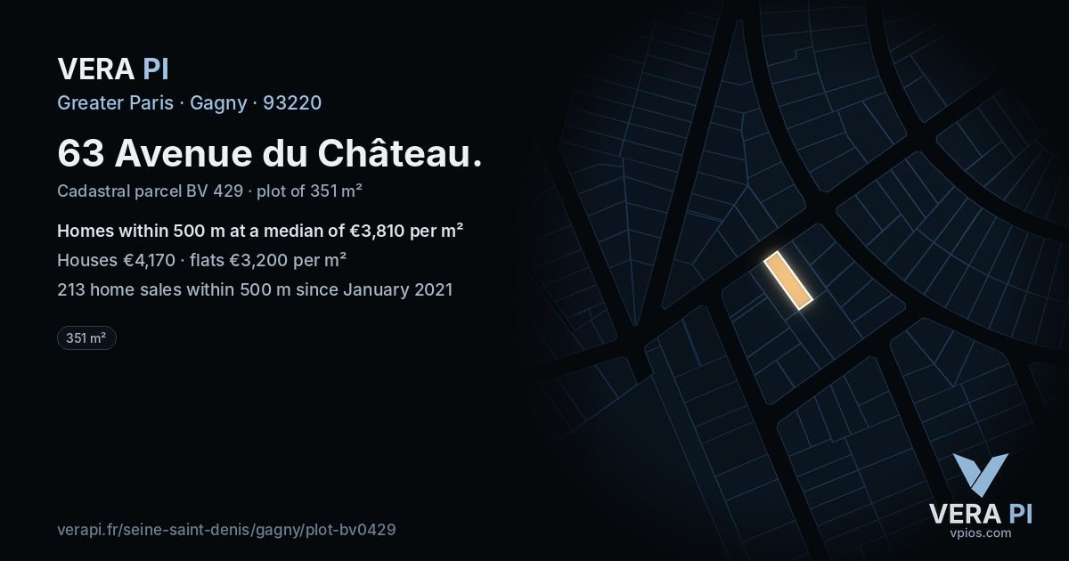 63 Avenue du Château, Gagny at night – the plot lit, the parcels around coloured by the prices near them