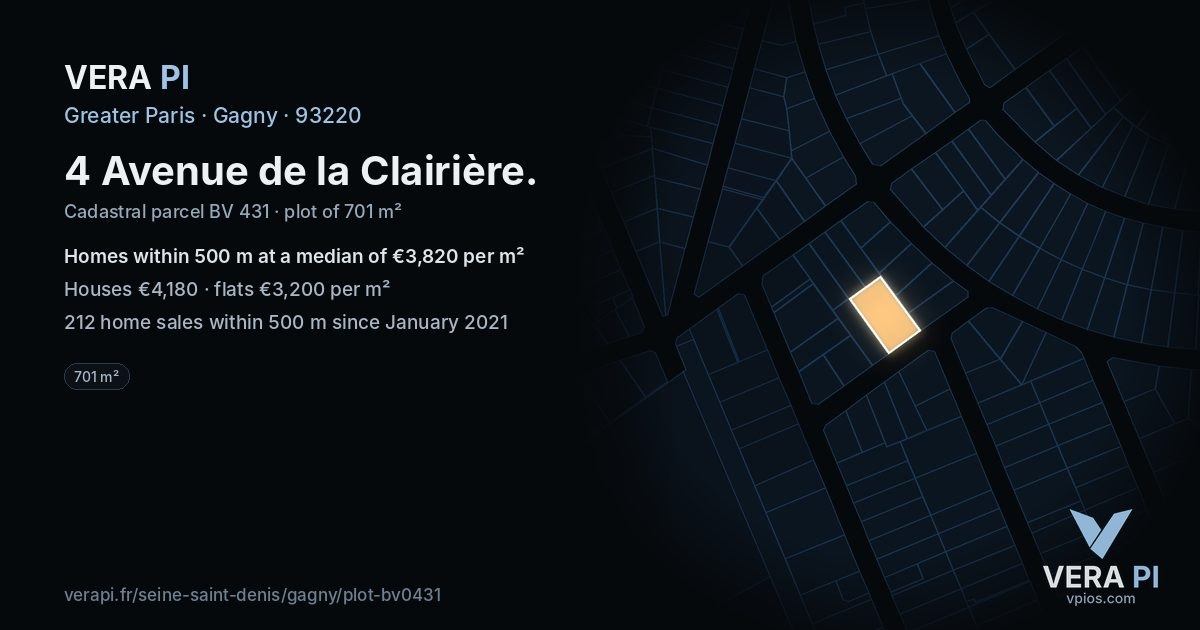 4 Avenue de la Clairière, Gagny at night – the plot lit, the parcels around coloured by the prices near them