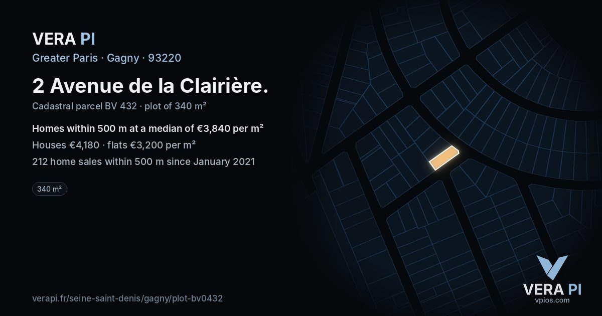 2 Avenue de la Clairière, Gagny at night – the plot lit, the parcels around coloured by the prices near them