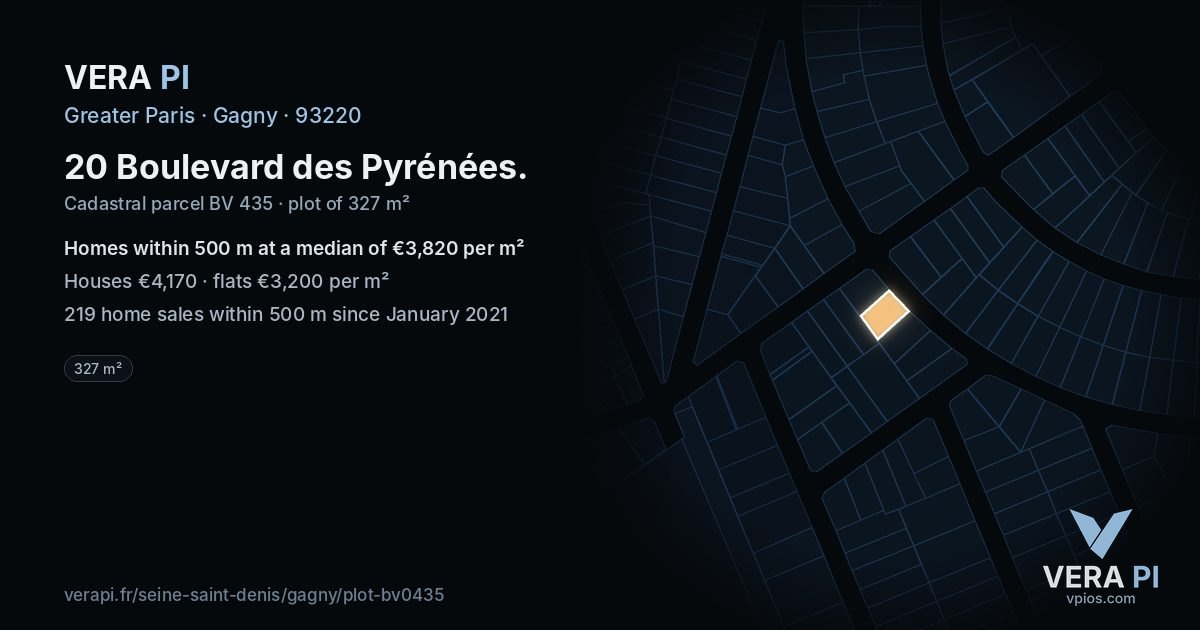 20 Boulevard des Pyrénées, Gagny at night – the plot lit, the parcels around coloured by the prices near them