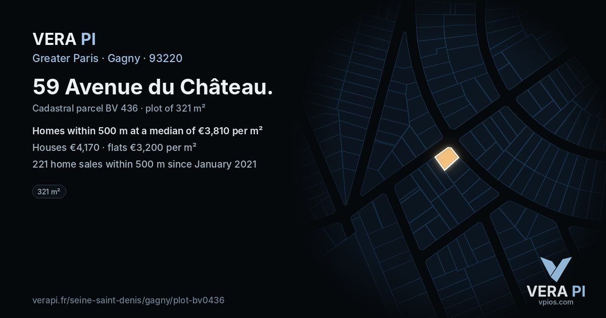 59 Avenue du Château, Gagny at night – the plot lit, the parcels around coloured by the prices near them