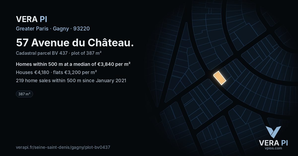 57 Avenue du Château, Gagny at night – the plot lit, the parcels around coloured by the prices near them