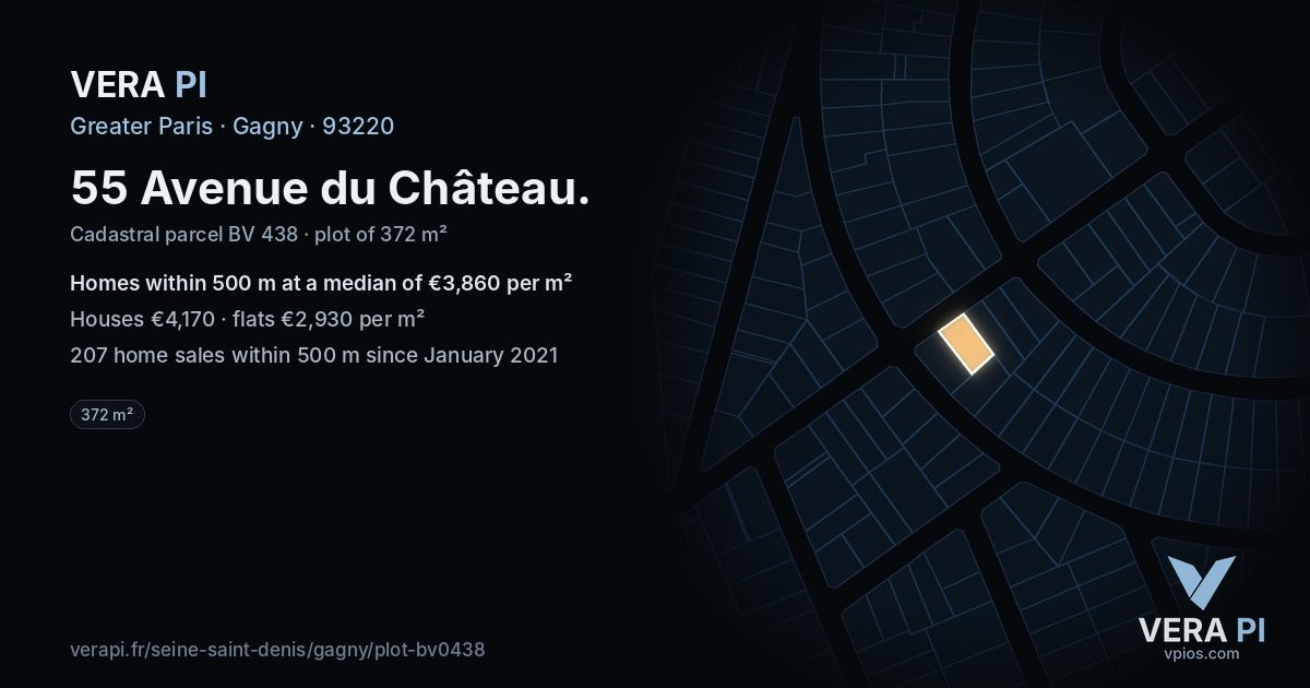 55 Avenue du Château, Gagny at night – the plot lit, the parcels around coloured by the prices near them