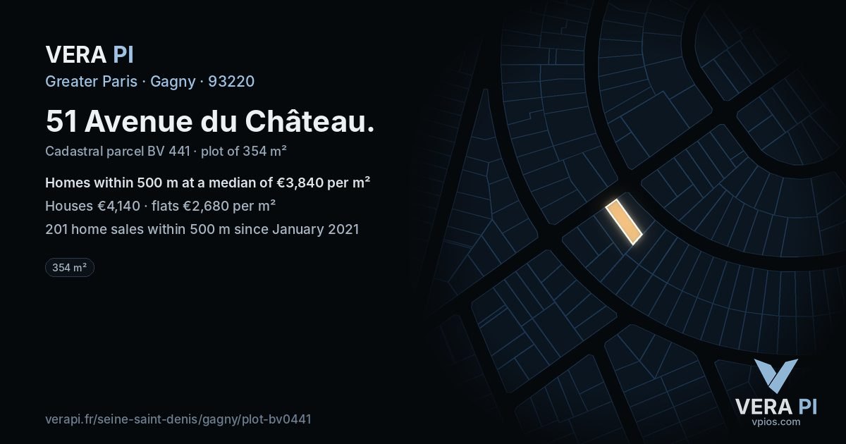 51 Avenue du Château, Gagny at night – the plot lit, the parcels around coloured by the prices near them