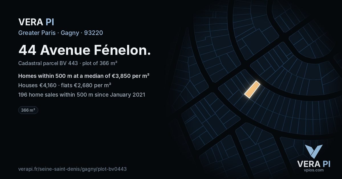 44 Avenue Fénelon, Gagny at night – the plot lit, the parcels around coloured by the prices near them