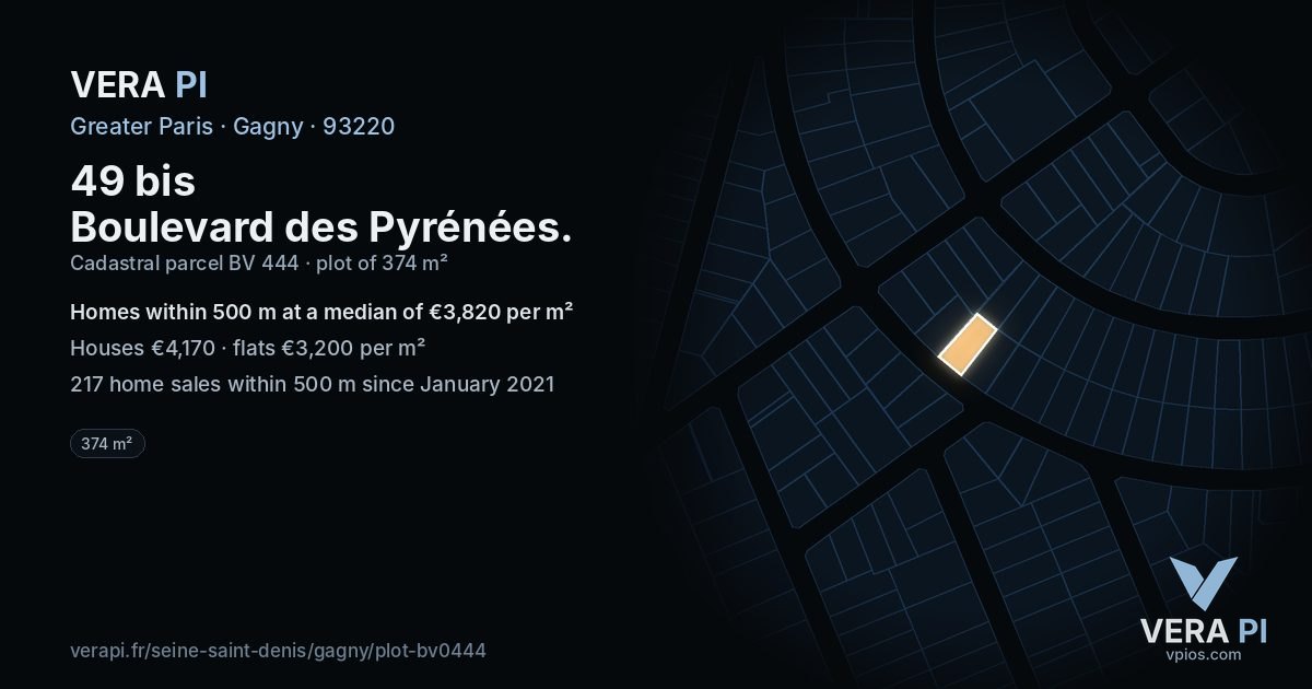 49 bis Boulevard des Pyrénées, Gagny at night – the plot lit, the parcels around coloured by the prices near them