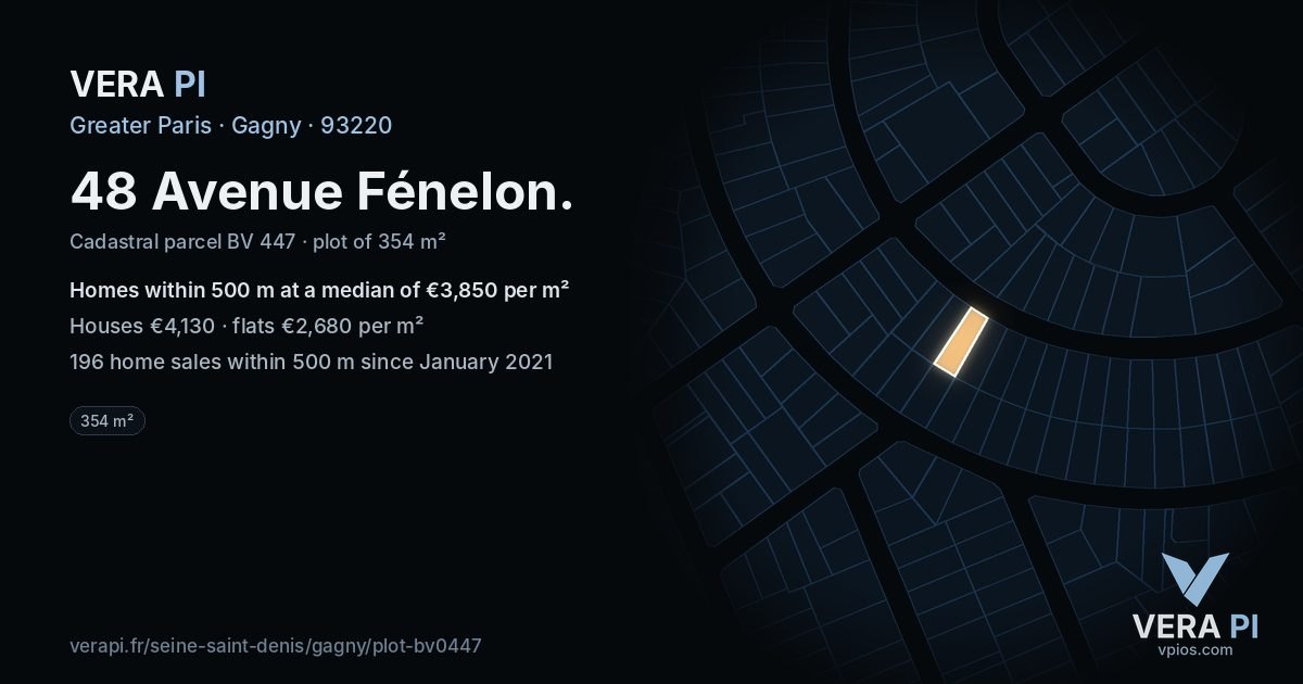 48 Avenue Fénelon, Gagny at night – the plot lit, the parcels around coloured by the prices near them
