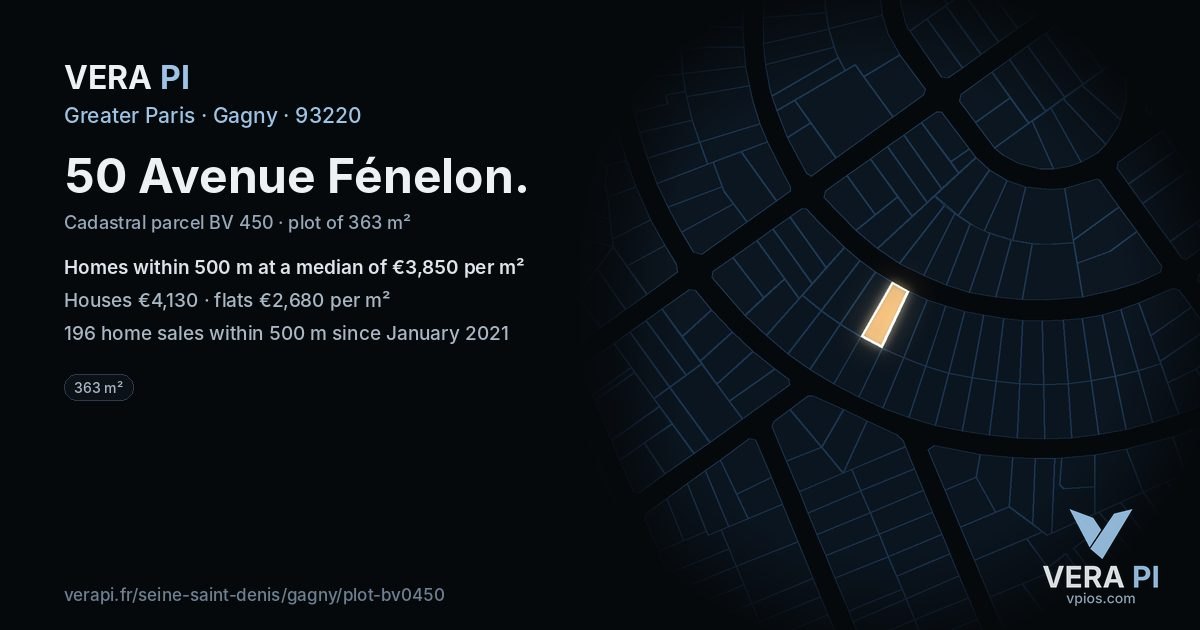 50 Avenue Fénelon, Gagny at night – the plot lit, the parcels around coloured by the prices near them