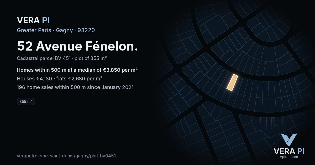 52 Avenue Fénelon, Gagny at night – the plot lit, the parcels around coloured by the prices near them