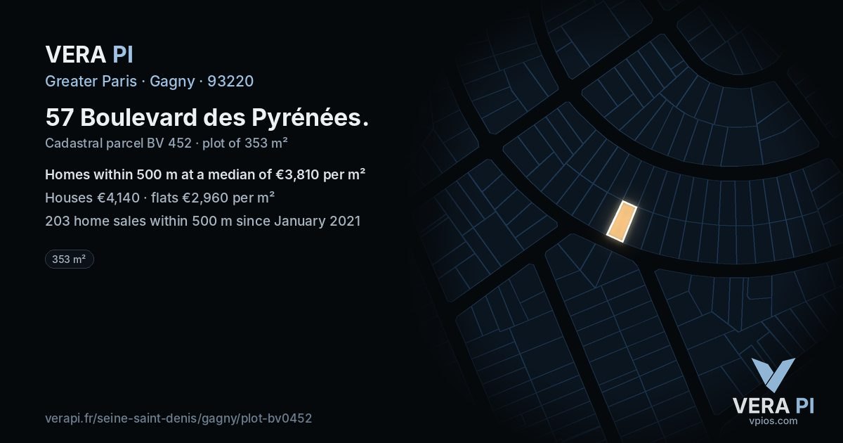 57 Boulevard des Pyrénées, Gagny at night – the plot lit, the parcels around coloured by the prices near them