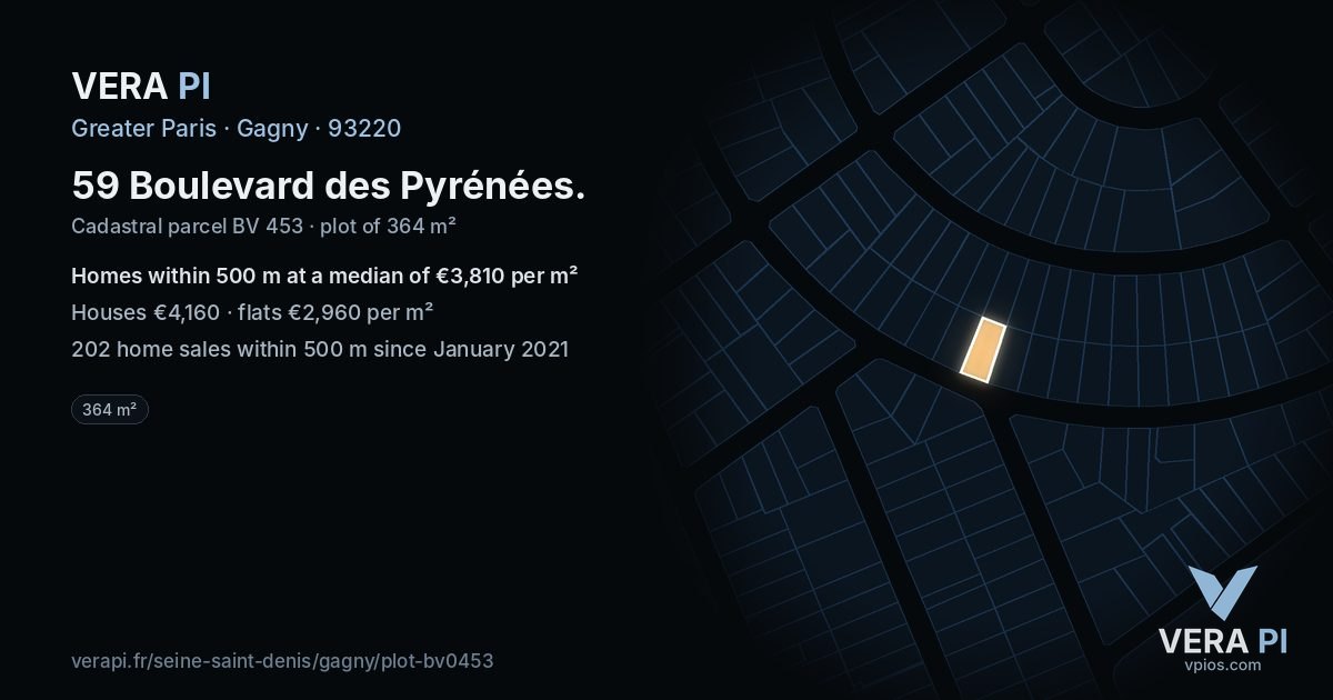 59 Boulevard des Pyrénées, Gagny at night – the plot lit, the parcels around coloured by the prices near them