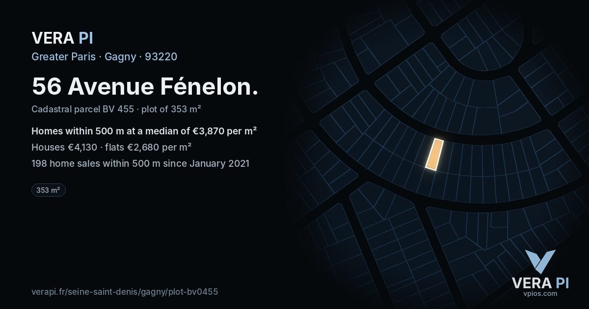56 Avenue Fénelon, Gagny at night – the plot lit, the parcels around coloured by the prices near them