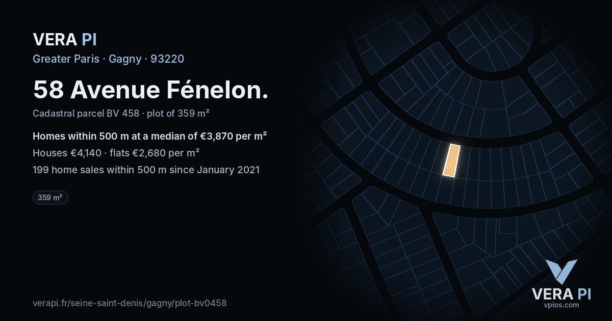 58 Avenue Fénelon, Gagny at night – the plot lit, the parcels around coloured by the prices near them