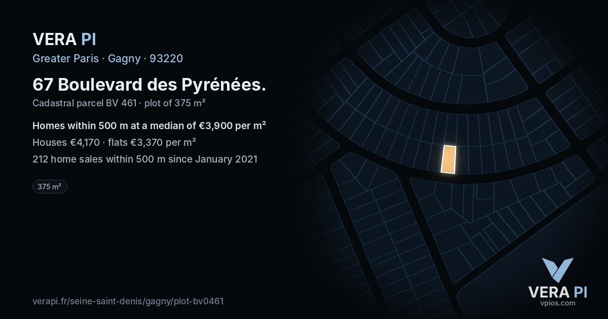 67 Boulevard des Pyrénées, Gagny at night – the plot lit, the parcels around coloured by the prices near them