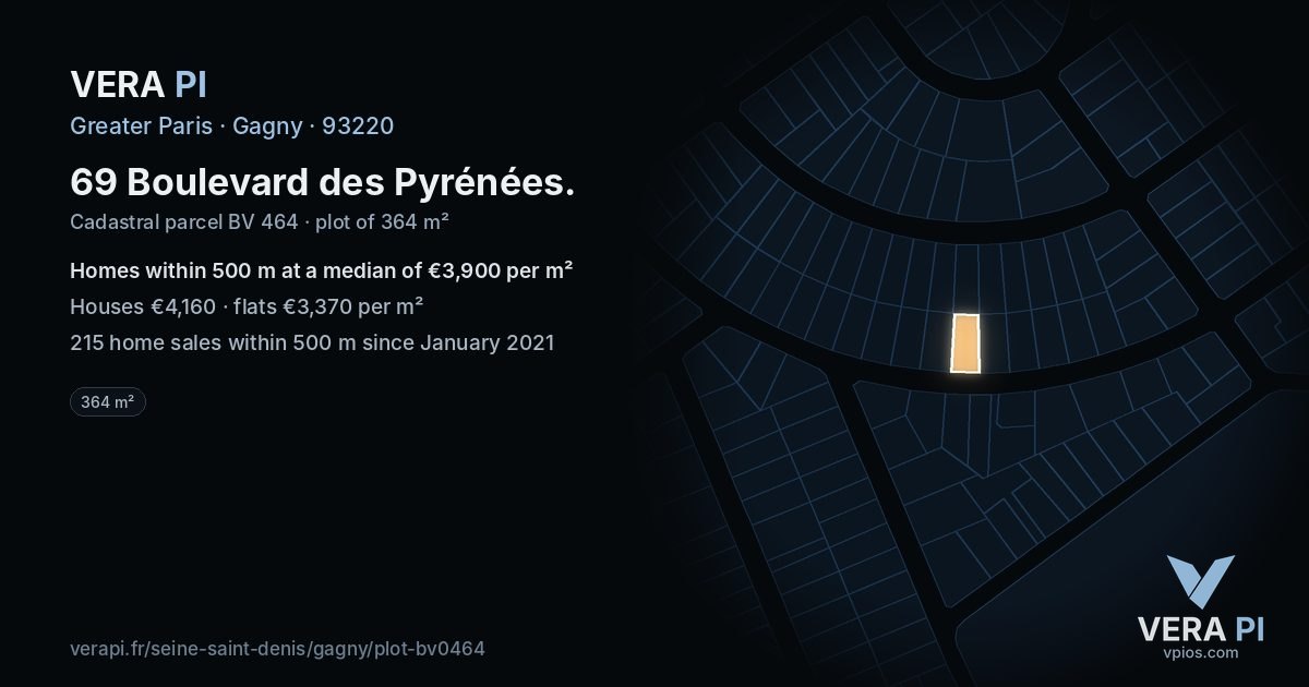 69 Boulevard des Pyrénées, Gagny at night – the plot lit, the parcels around coloured by the prices near them