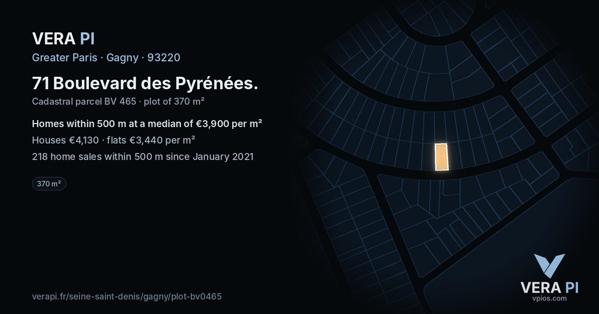 71 Boulevard des Pyrénées, Gagny at night – the plot lit, the parcels around coloured by the prices near them