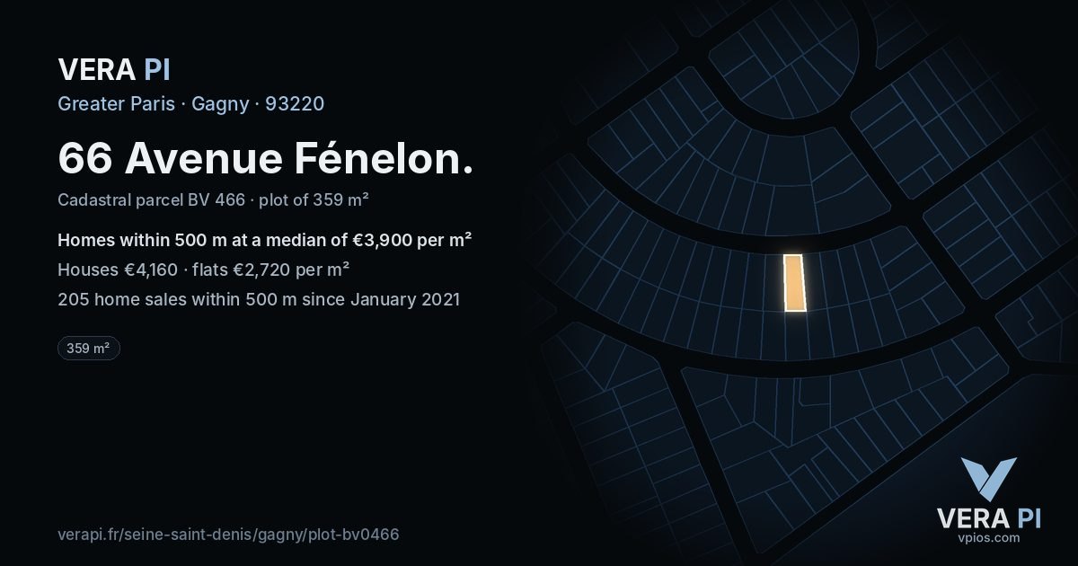 66 Avenue Fénelon, Gagny at night – the plot lit, the parcels around coloured by the prices near them