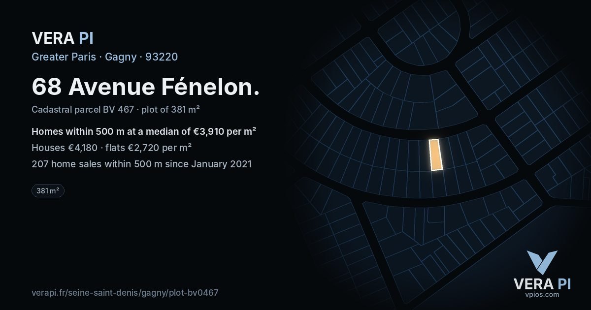 68 Avenue Fénelon, Gagny at night – the plot lit, the parcels around coloured by the prices near them