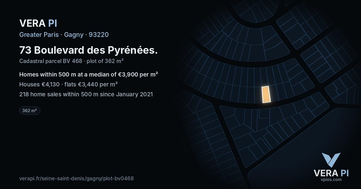 73 Boulevard des Pyrénées, Gagny at night – the plot lit, the parcels around coloured by the prices near them