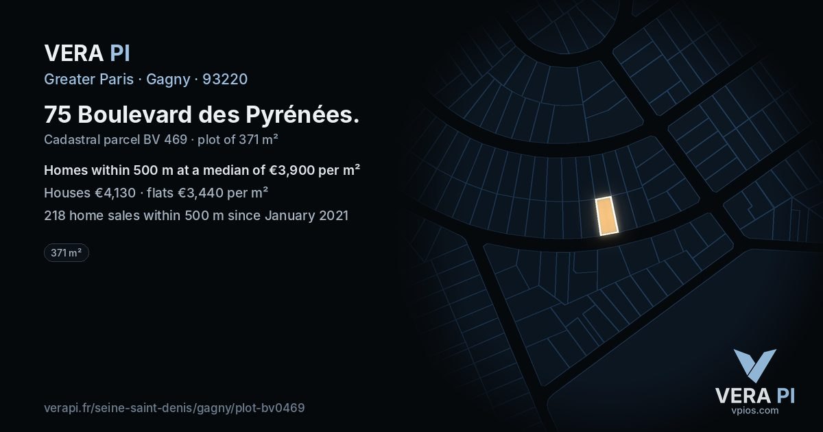 75 Boulevard des Pyrénées, Gagny at night – the plot lit, the parcels around coloured by the prices near them