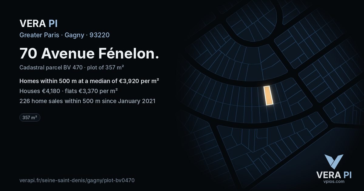 70 Avenue Fénelon, Gagny at night – the plot lit, the parcels around coloured by the prices near them