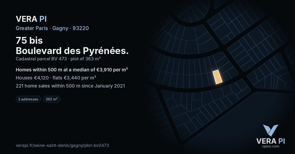 75 bis Boulevard des Pyrénées, Gagny at night – the plot lit, the parcels around coloured by the prices near them