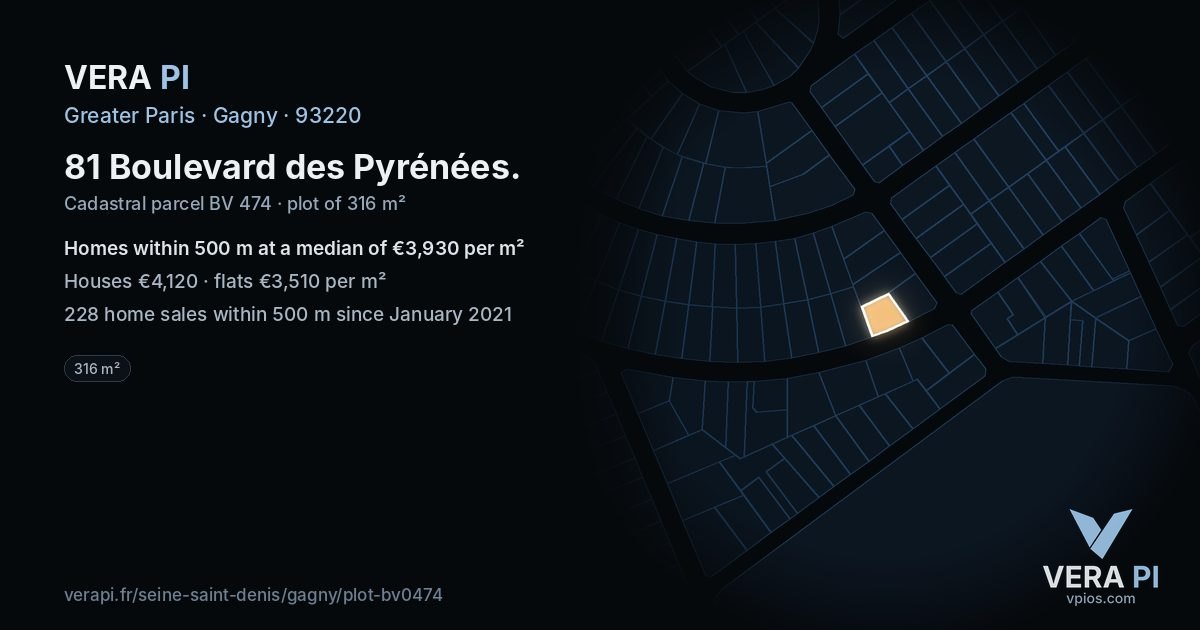 81 Boulevard des Pyrénées, Gagny at night – the plot lit, the parcels around coloured by the prices near them