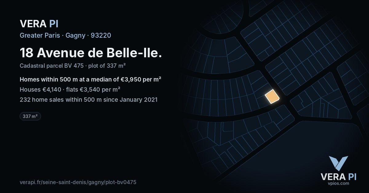 18 Avenue de Belle-Ile, Gagny at night – the plot lit, the parcels around coloured by the prices near them