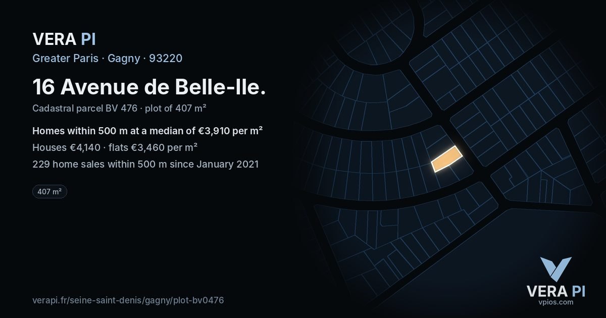 16 Avenue de Belle-Ile, Gagny at night – the plot lit, the parcels around coloured by the prices near them