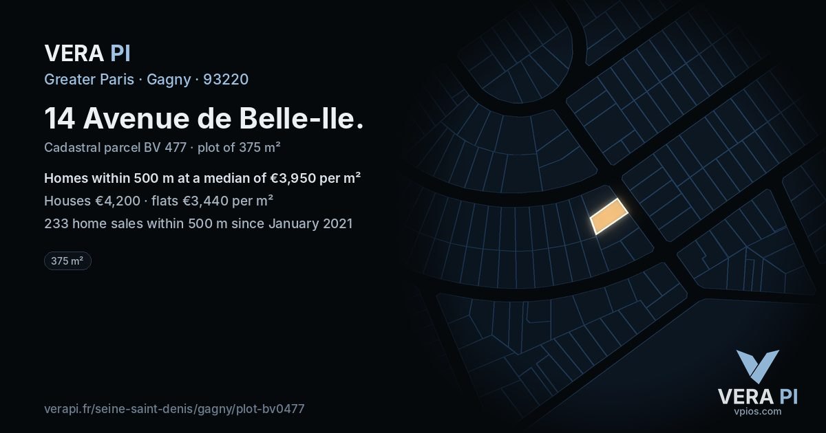 14 Avenue de Belle-Ile, Gagny at night – the plot lit, the parcels around coloured by the prices near them