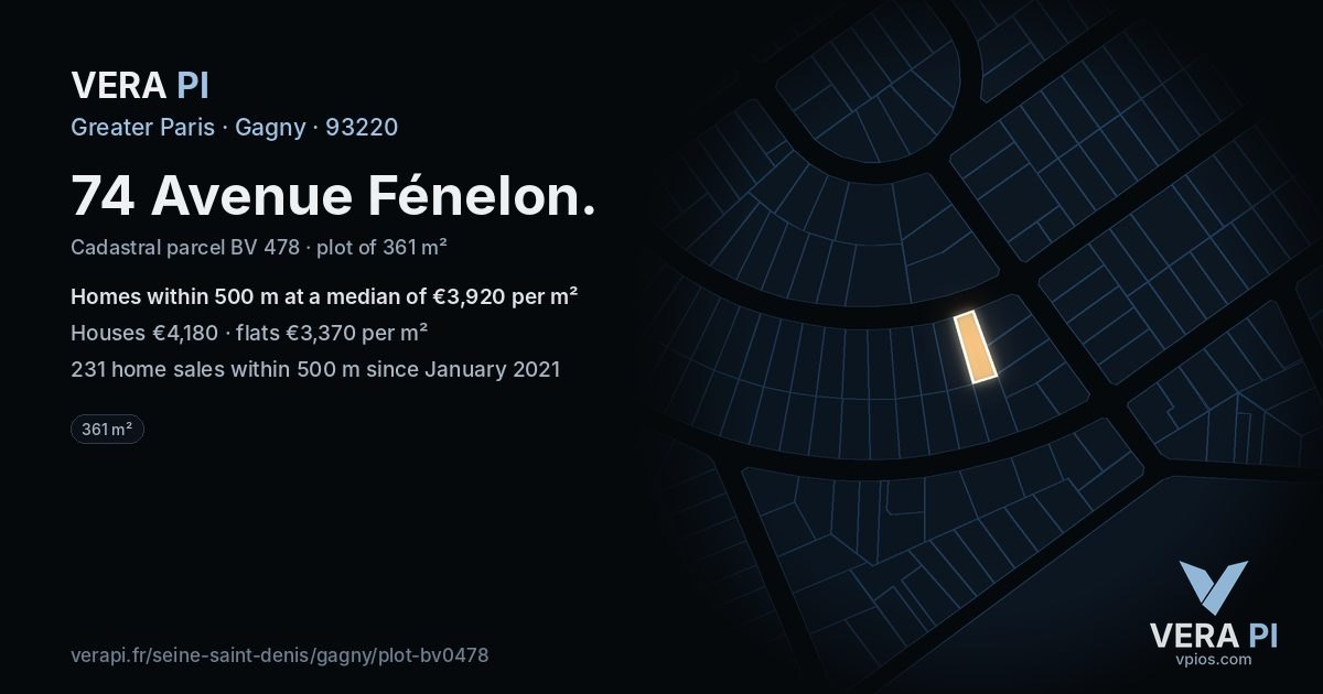 74 Avenue Fénelon, Gagny at night – the plot lit, the parcels around coloured by the prices near them