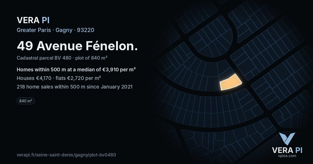 49 Avenue Fénelon, Gagny at night – the plot lit, the parcels around coloured by the prices near them